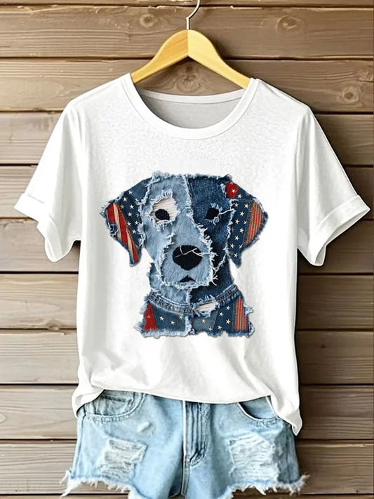 Retro Stars Stripes Lovely Dog Denim Pattern Printed Vintage Round Neck Short Sleeves T-Shirt
