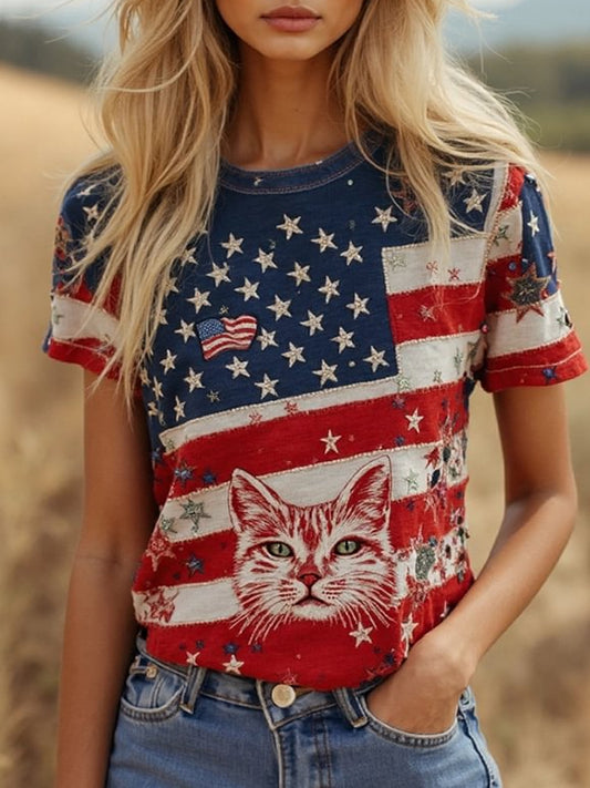 Retro Stars Stripes Lovely Cat Pattern Printed Vintage Round Neck Short Sleeves T-Shirt