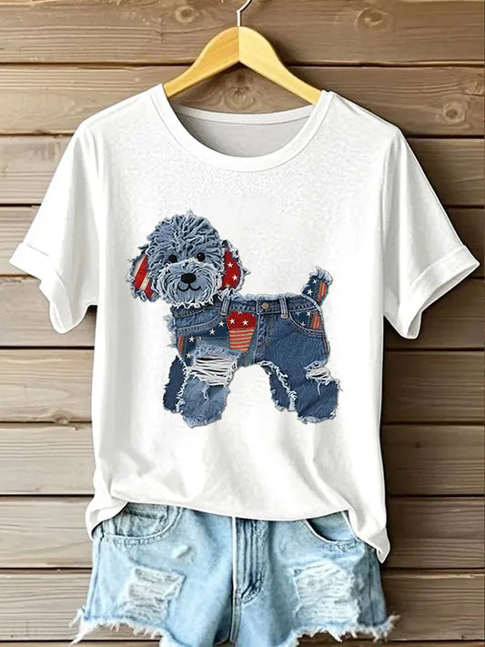 Retro Stars Stripes Lovely Dog Denim Pattern Printed Vintage Round Neck Short Sleeves T-Shirt