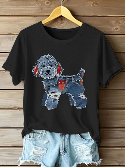 Retro Stars Stripes Lovely Dog Denim Pattern Printed Vintage Round Neck Short Sleeves T-Shirt