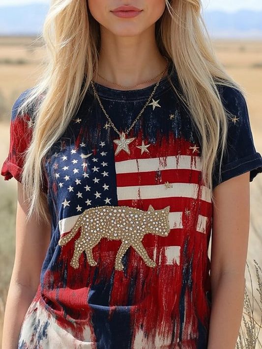 Retro Stars Stripes Lovely Cat Pattern Printed Vintage Round Neck Short Sleeves T-Shirt