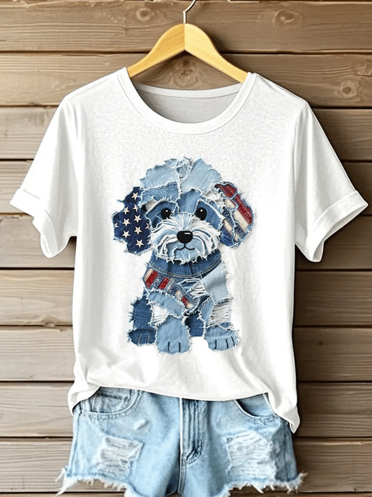 Retro Stars Stripes Lovely Dog Denim Pattern Printed Vintage Round Neck Short Sleeves T-Shirt