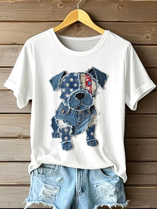 Retro Stars Stripes Lovely Dog Denim Pattern Printed Vintage Round Neck Short Sleeves T-Shirt