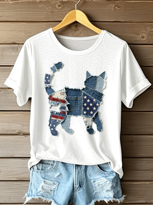 Retro Stars Stripes Lovely Cat Denim Pattern Printed Vintage Round Neck Short Sleeves T-Shirt