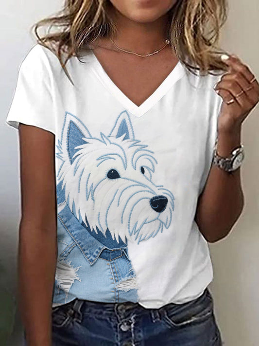 Women's West Highland White Terrier Patchwork Art V-neck T-shirt