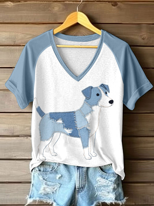 Women's Jack Russell Terrier Pattern Patchwork Art V-neck T-shirt