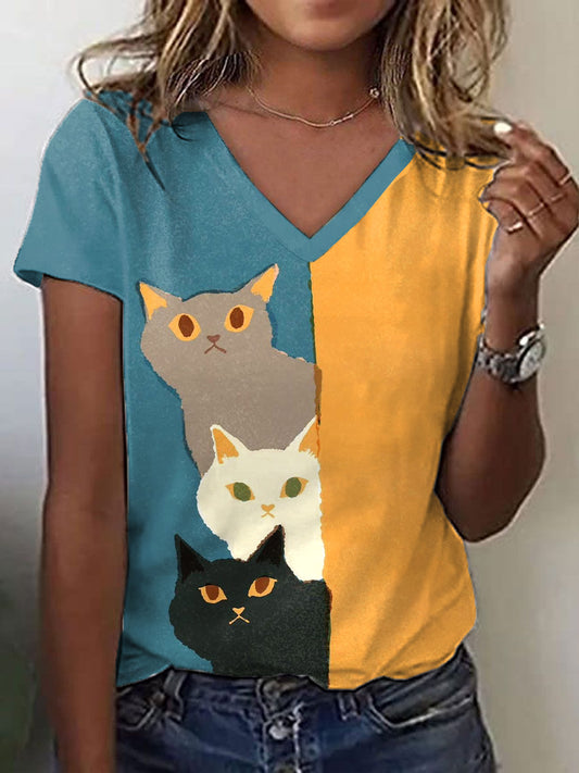 Women's Funny Cat  Art Print V-Neck T-Shirt
