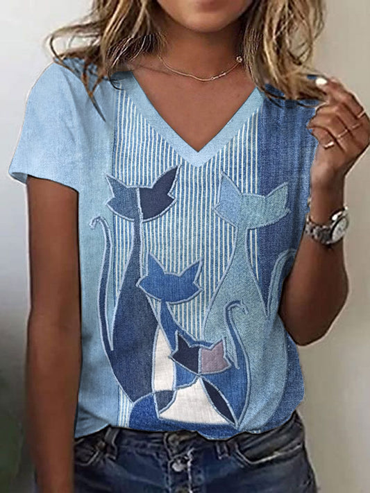 Women's Cute Cat Patchwork Art V-Neck T-Shirt