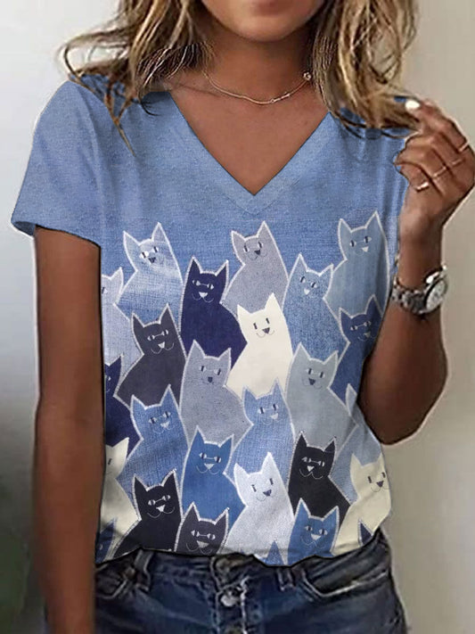 Women's Cute Cat Patchwork Art V-Neck T-Shirt
