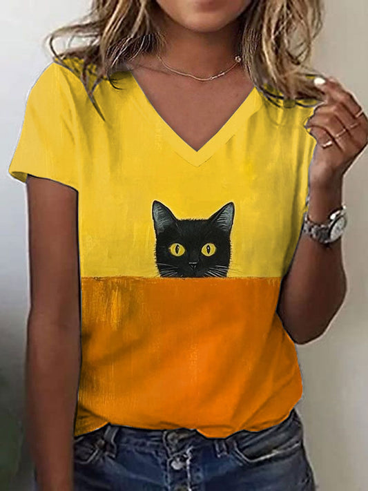 Women's Funny Cat Art Print Contrast Color V-Neck T-Shirt