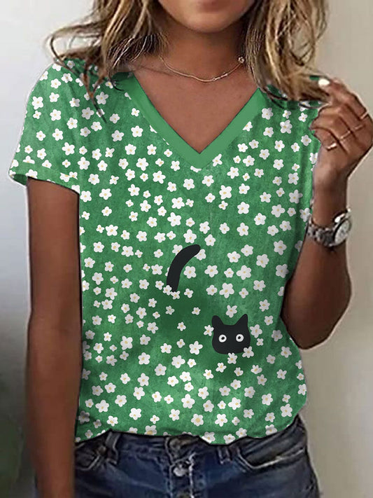 Women's Funny Cat & Floral Art Print V-Neck T-Shirt