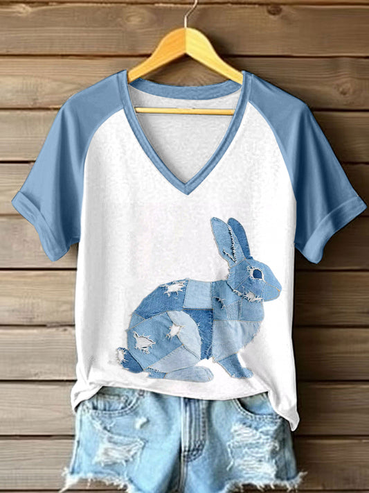 Women's Cute Bunny Pattern Patchwork Art V-Neck T-Shirt