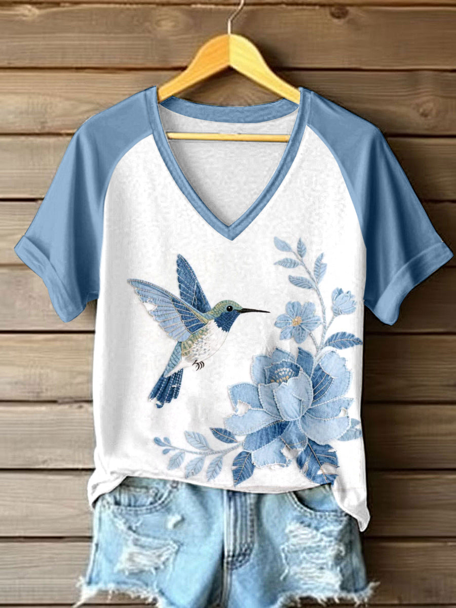 Women's Hummingbird & Floral Pattern Patchwork Art V-Neck T-Shirt
