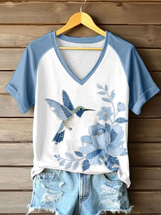 Women's Hummingbird & Floral Pattern Patchwork Art V-Neck T-Shirt