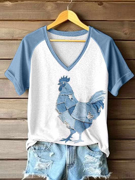 Women's Farm Chicken Pattern Patchwork Art V-Neck T-Shirt