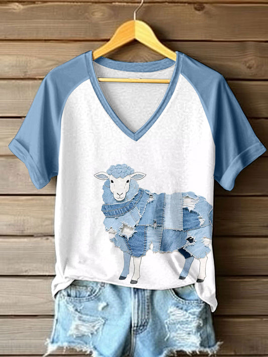 Women's Cute Sheep Patchwork Art V-Neck T-Shirt