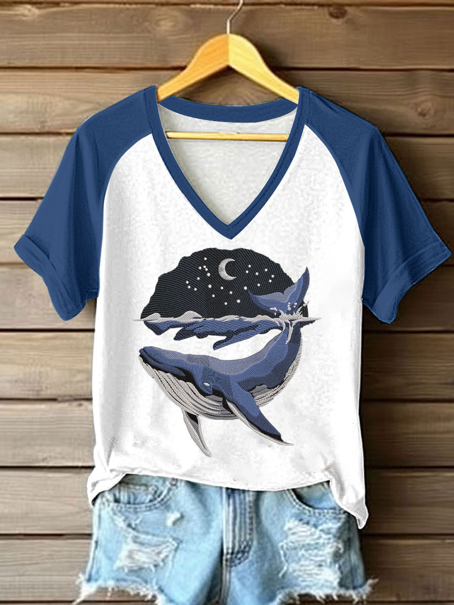 Women's Sea whale Printed V-neck T-shirt