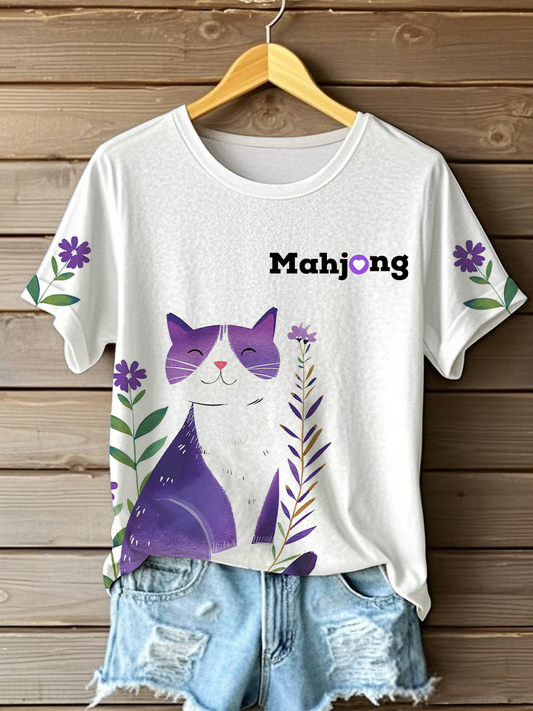 Women's floral cat mahjong casual t-shirts
