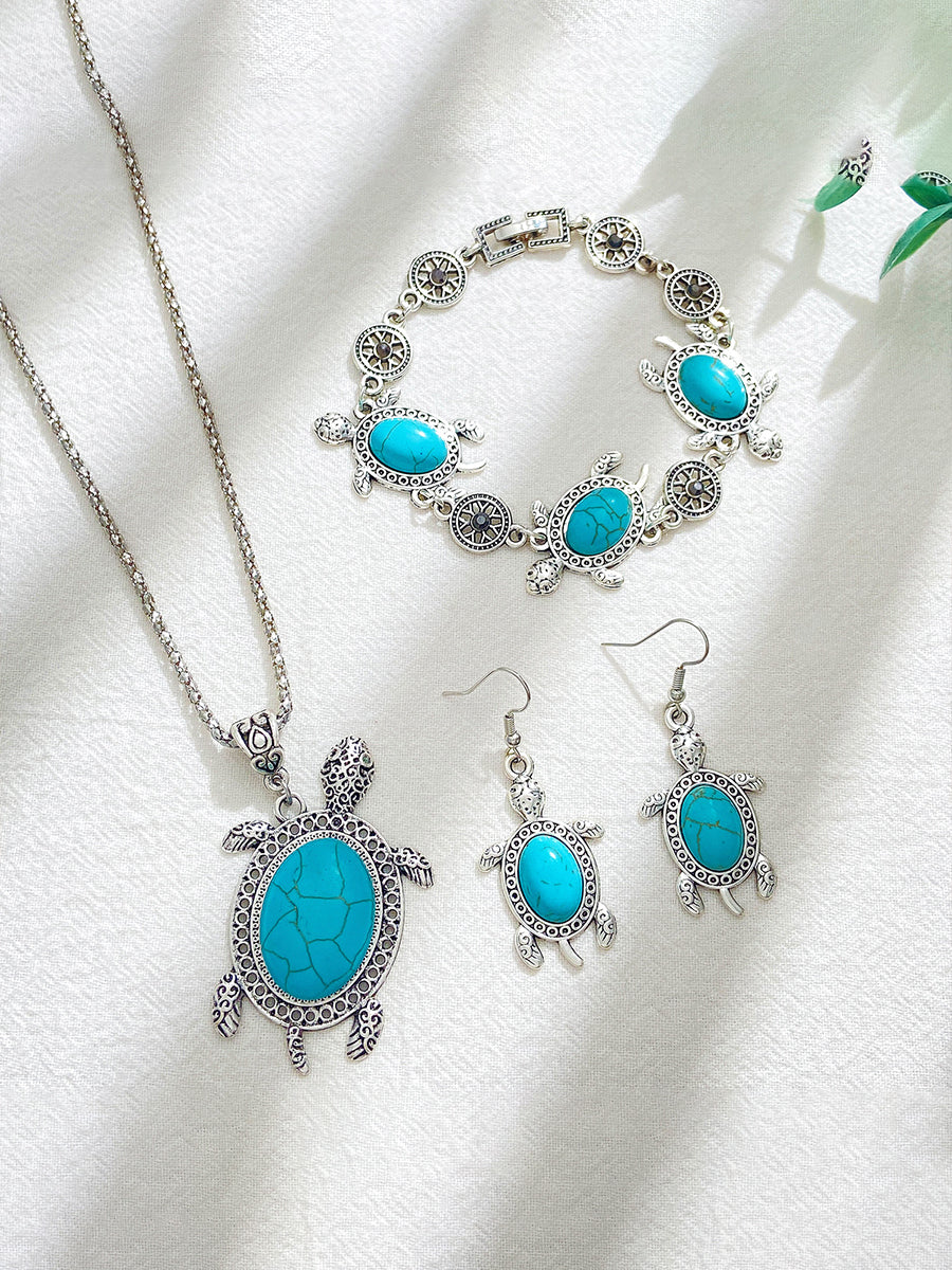 Women's Turquoise Turtle Earrings Bracelet Necklace Three-piece Set