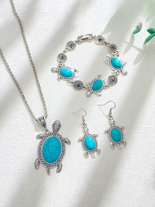 Women's Turquoise Turtle Earrings Bracelet Necklace Three-piece Set