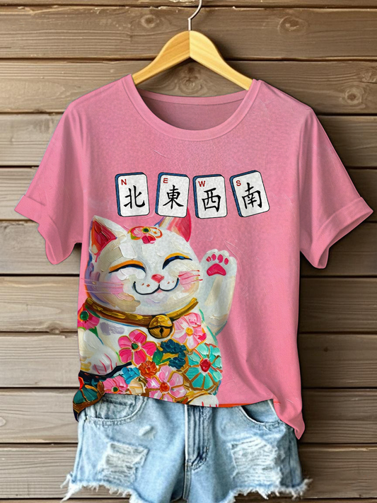 Women's Lucky Cat Mahjong Casual T-Shirts