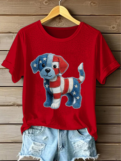Retro American Flag Lovely Dog Denim Pattern Printed Vintage Round Neck Short Sleeves T-Shirt