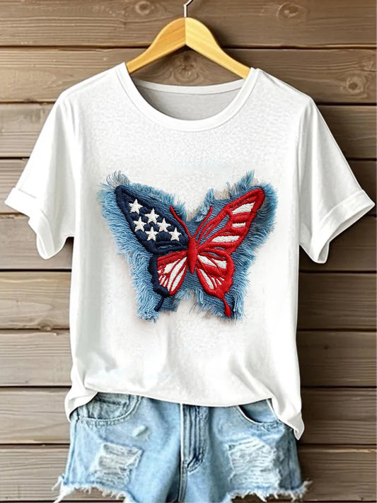 Retro American Flag Butterfly Denim Pattern Printed Vintage Round Neck Short Sleeves T-Shirt