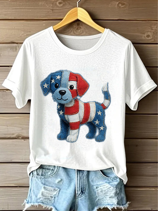 Retro American Flag Lovely Dog Denim Pattern Printed Vintage Round Neck Short Sleeves T-Shirt