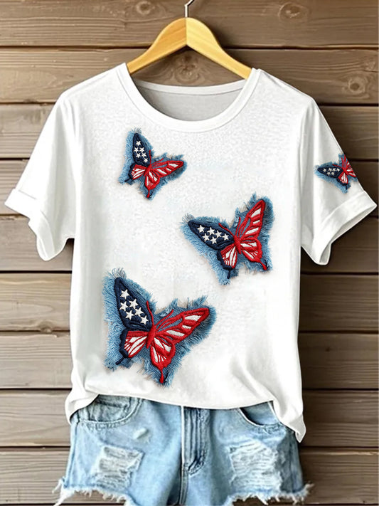 Retro American Flag Butterfly Denim Pattern Printed Vintage Round Neck Short Sleeves T-Shirt