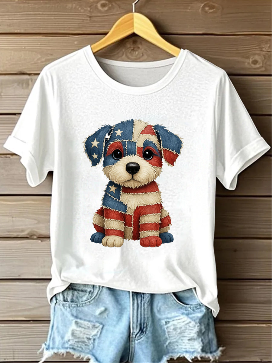 Retro American Flag Lovely Dog Denim Pattern Printed Vintage Round Neck Short Sleeves T-Shirt