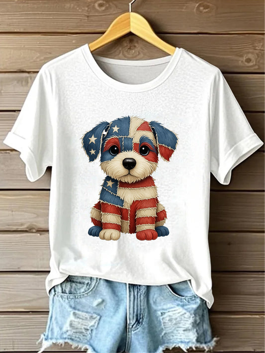 Retro American Flag Lovely Dog Denim Pattern Printed Vintage Round Neck Short Sleeves T-Shirt