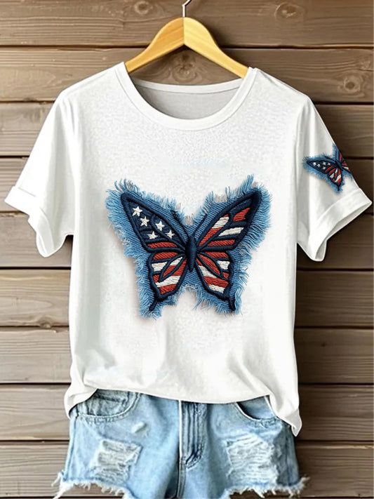Retro American Flag Butterfly Denim Pattern Printed Vintage Round Neck Short Sleeves T-Shirt