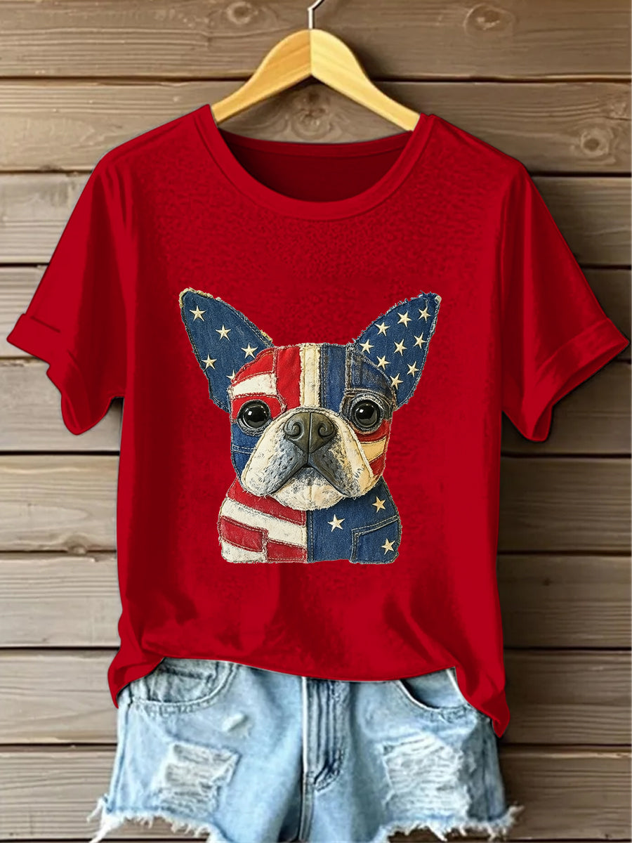Retro American Flag Lovely Dog Denim Pattern Printed Vintage Round Neck Short Sleeves T-Shirt