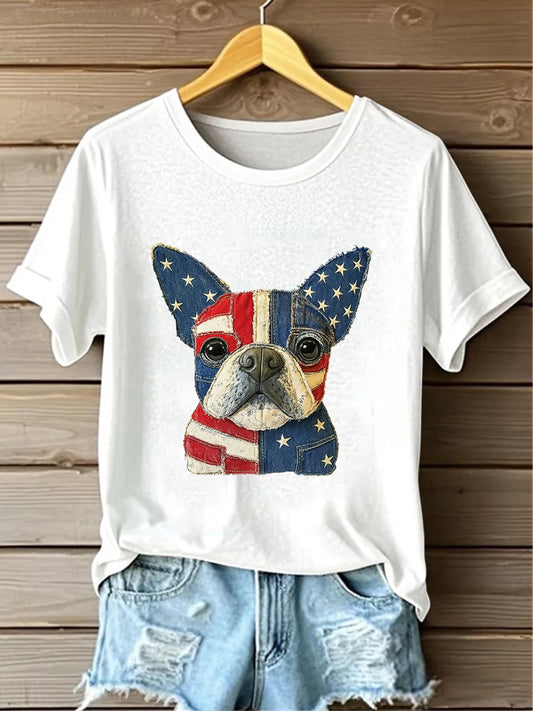 Retro American Flag Lovely Dog Denim Pattern Printed Vintage Round Neck Short Sleeves T-Shirt
