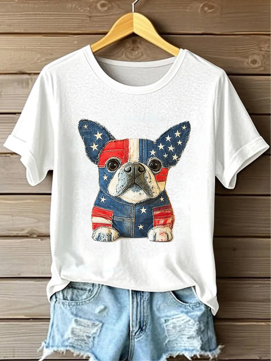Retro American Flag Lovely Dog Denim Pattern Printed Vintage Round Neck Short Sleeves T-Shirt