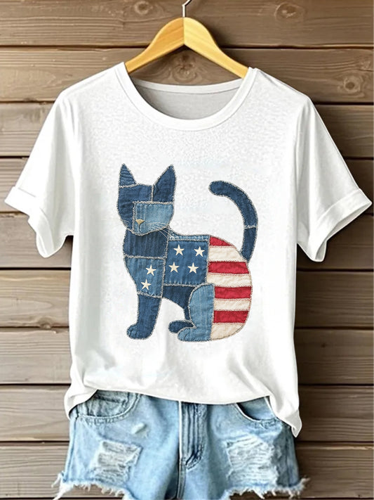 Retro American Flag Lovely Cat Denim Pattern Printed Vintage Round Neck Short Sleeves T-Shirt