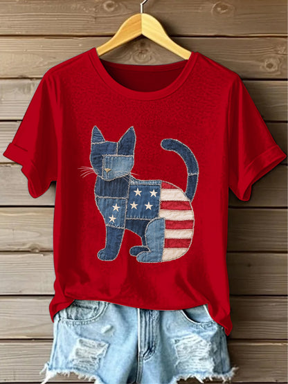 Retro American Flag Lovely Cat Denim Pattern Printed Vintage Round Neck Short Sleeves T-Shirt
