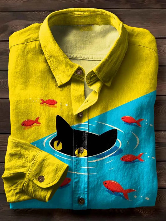 Vintage Abstract Cat Art Print Casual Long Sleeve Shirt