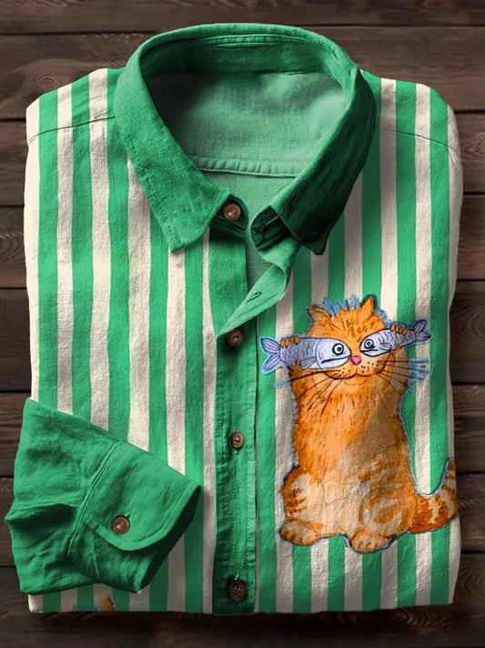 Vintage Abstract Cat Art Print Casual Long Sleeve Shirt