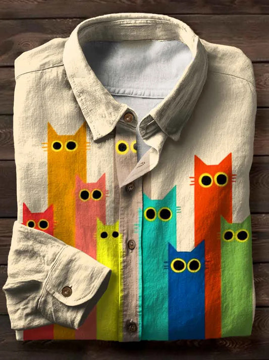 Vintage Abstract Cat Art Print Casual Long Sleeve Shirt