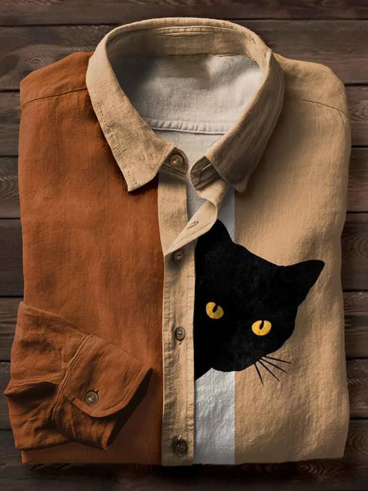 Vintage Abstract Cat Art Print Casual Long Sleeve Shirt