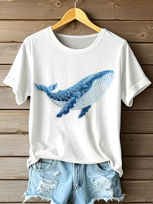 Women's Blue Whale Embroidery Pattern T-Shirt