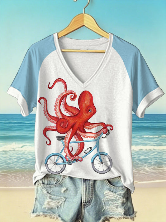 Women's cycling fun octopus print V-neck t-shirts