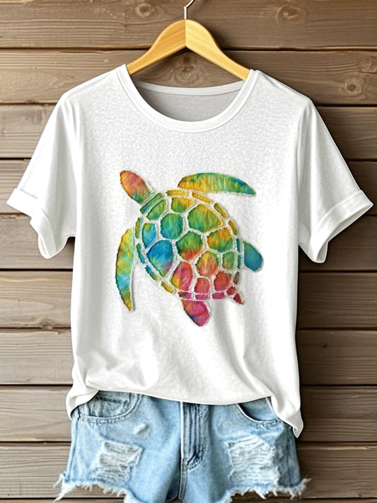 Women's Tie-Dye Patchwork Sea Turtle Pattern T-Shirt