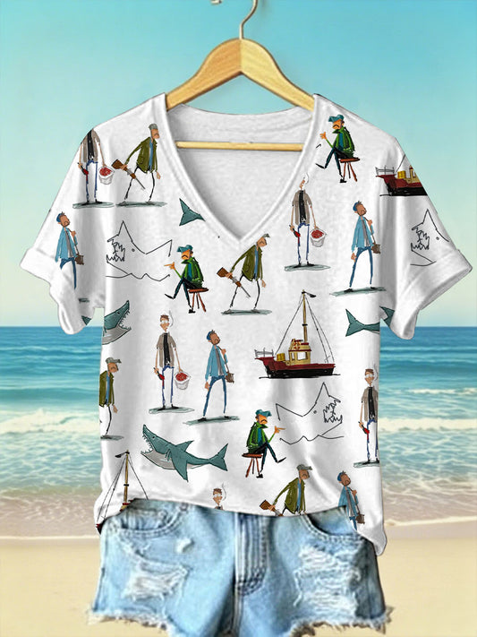 Women's Fun Shark Print V-Neck T-Shirts