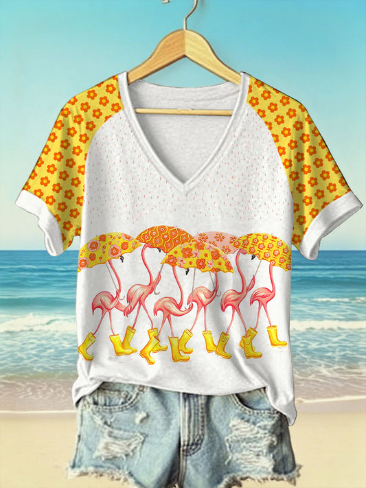 Women's shoes with umbrella funny flamingos print V-neck t-shirts