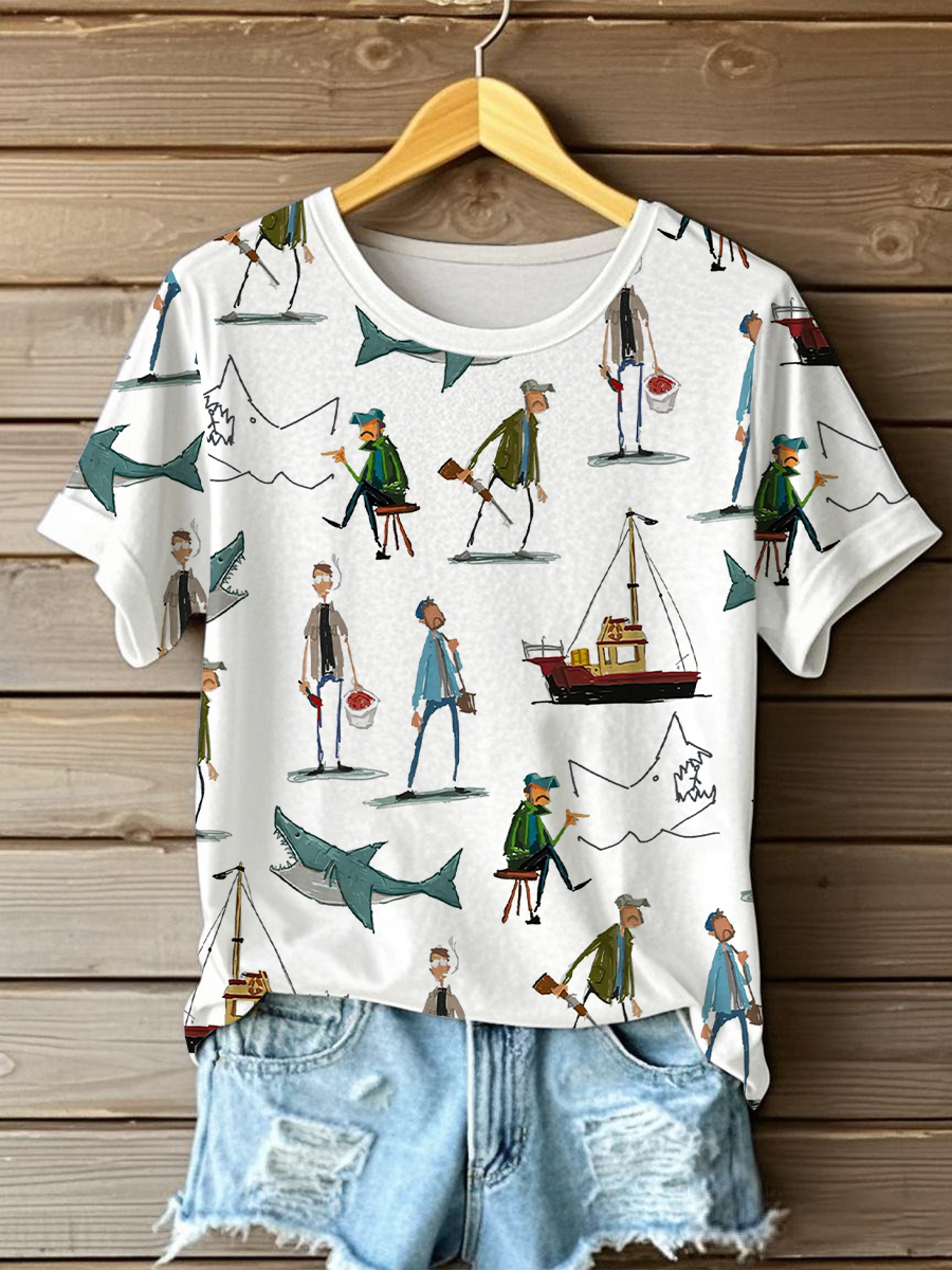 Women's Fun Shark Print Casual T-Shirts
