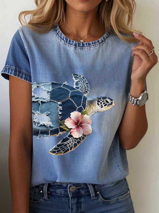 Women's Hawaiian Denim Turtle Hibiscus T-shirt