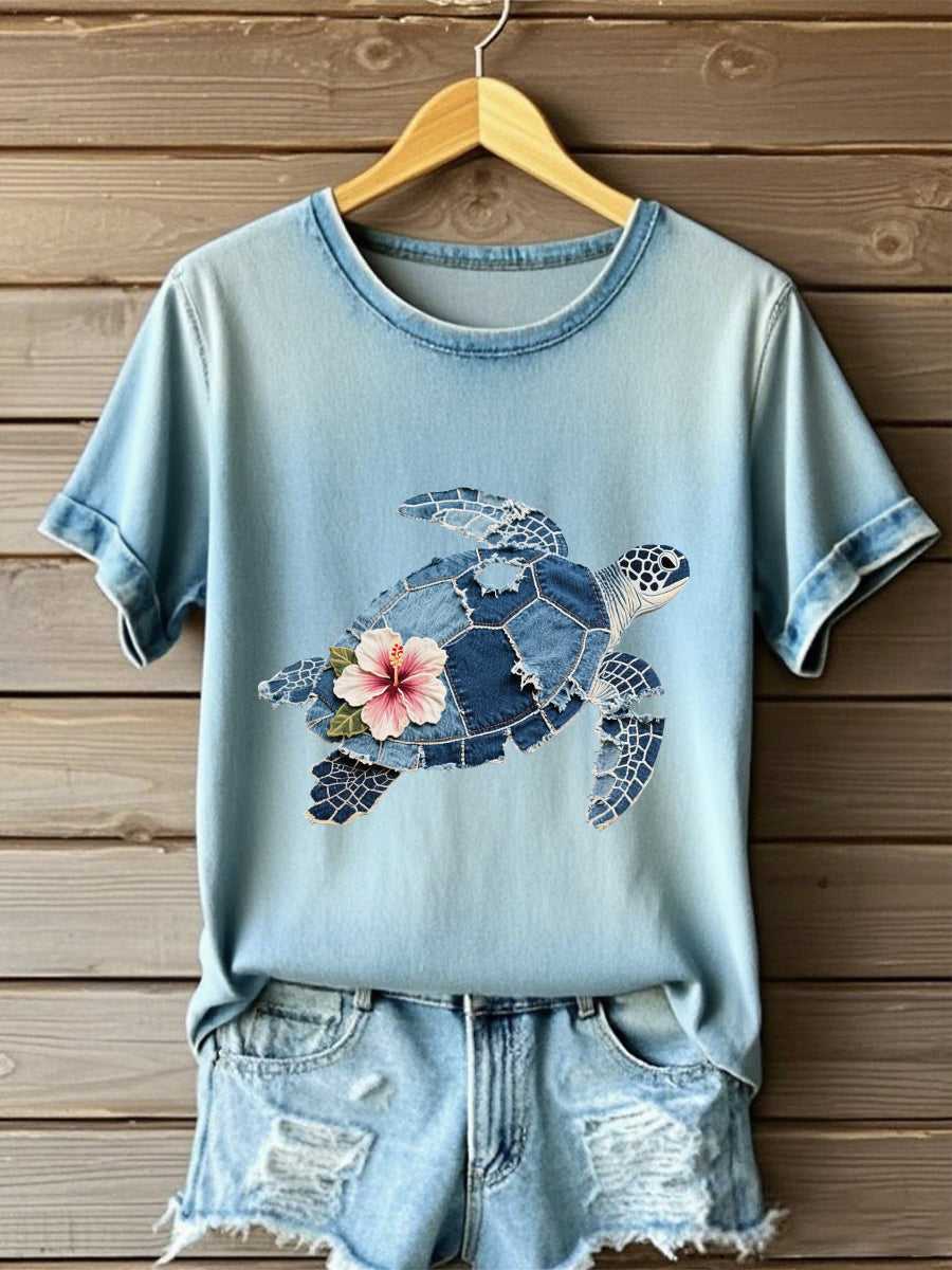Women's Hawaiian Denim Turtle Hibiscus T-shirt