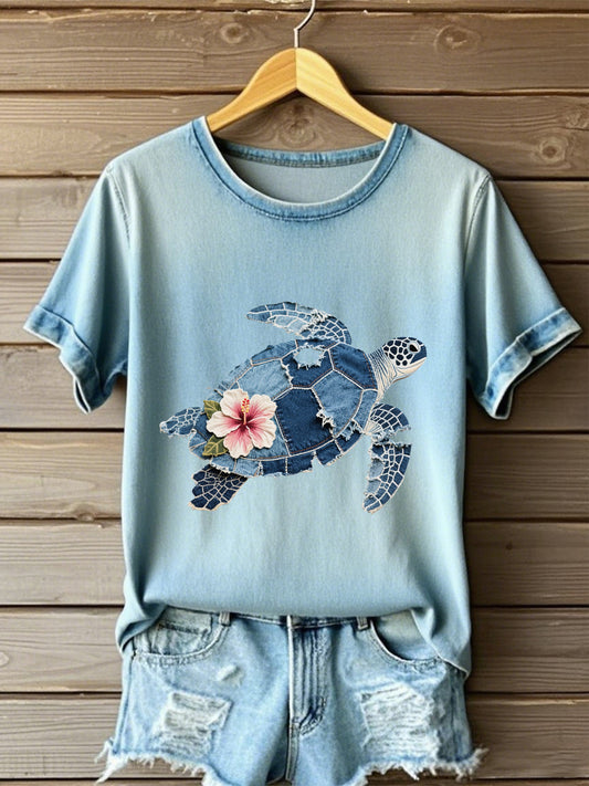 Women's Hawaiian Denim Turtle Hibiscus T-shirt